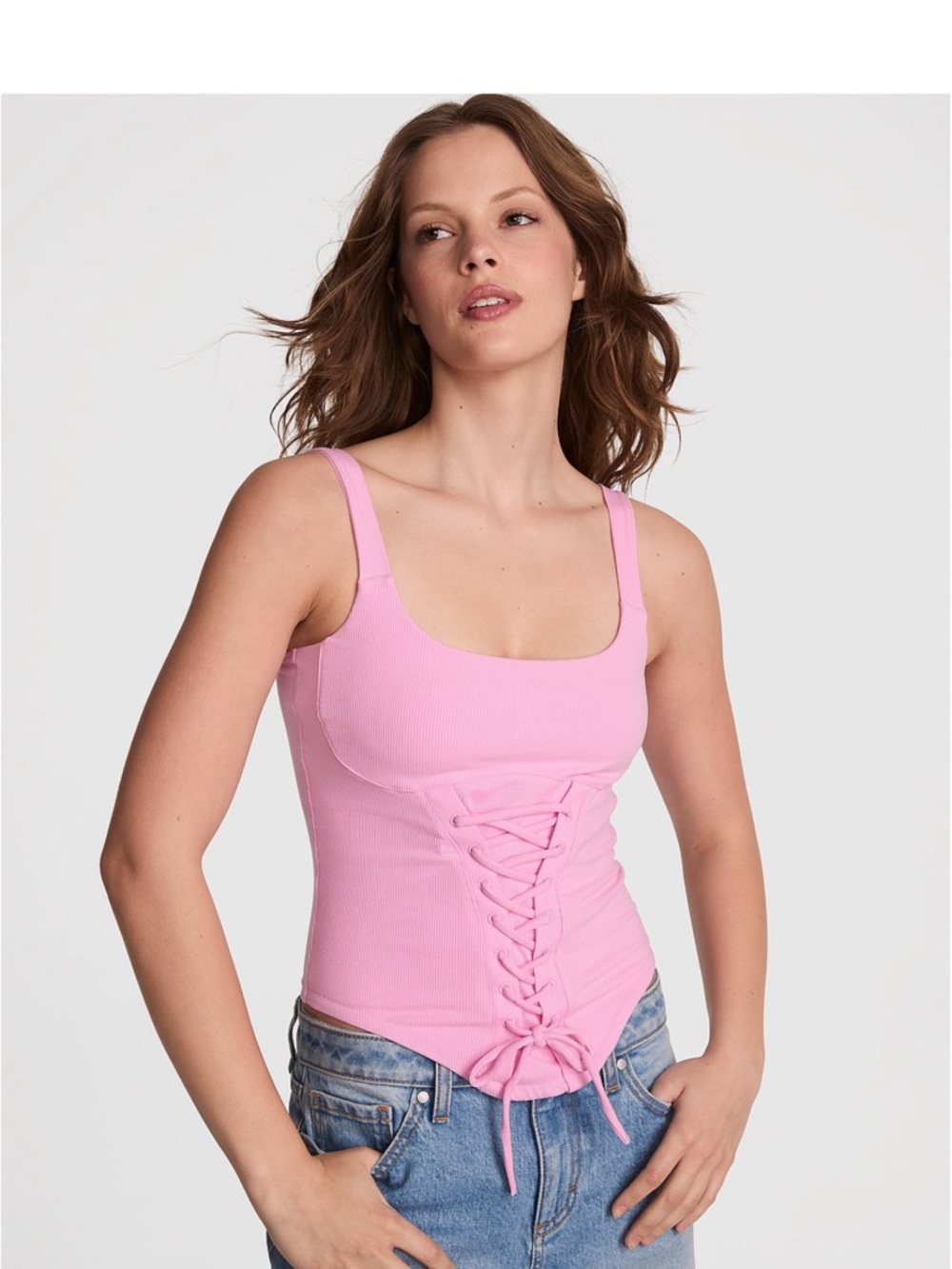 PINK All-Day Soft Rib Lace-Up Corset Top